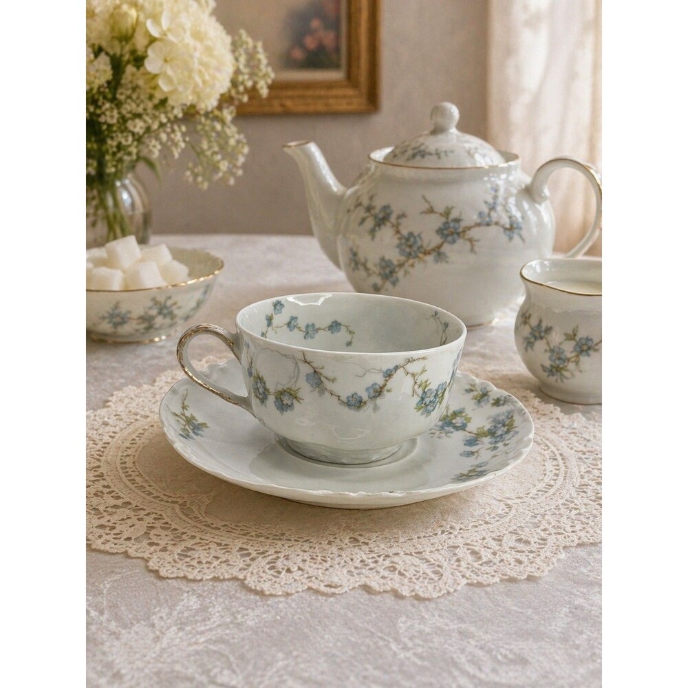 Haviland Limoges Blue Forget Me Not Gold Gilt Rim & Handle Tea Cup & Saucer